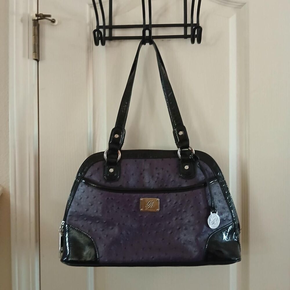 Y2K Vintage Purple Ostrich Print Black Patent Trim Handbag Indie Sleaze Alt Goth